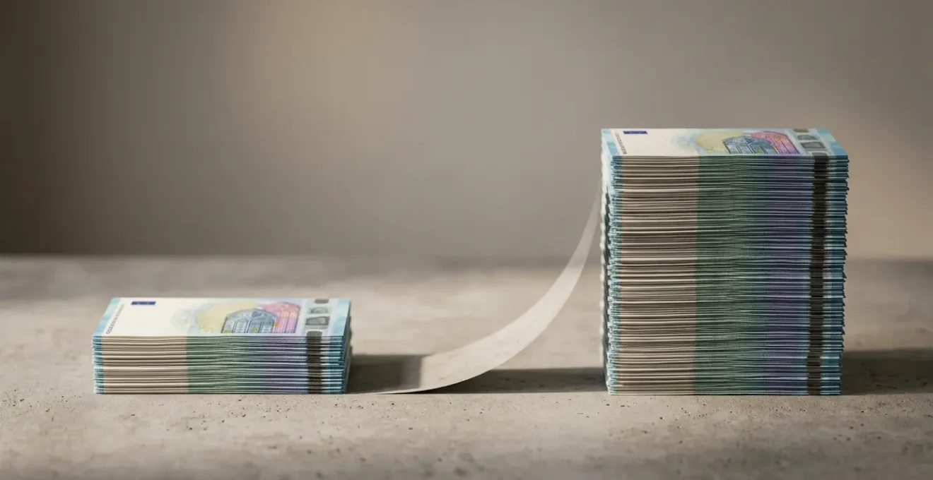 Rappresentazione visiva del meccanismo della carta revolving che trasforma un debito iniziale in un importo doppio a causa degli interessi elevati