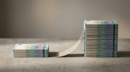 Rappresentazione visiva del meccanismo della carta revolving che trasforma un debito iniziale in un importo doppio a causa degli interessi elevati