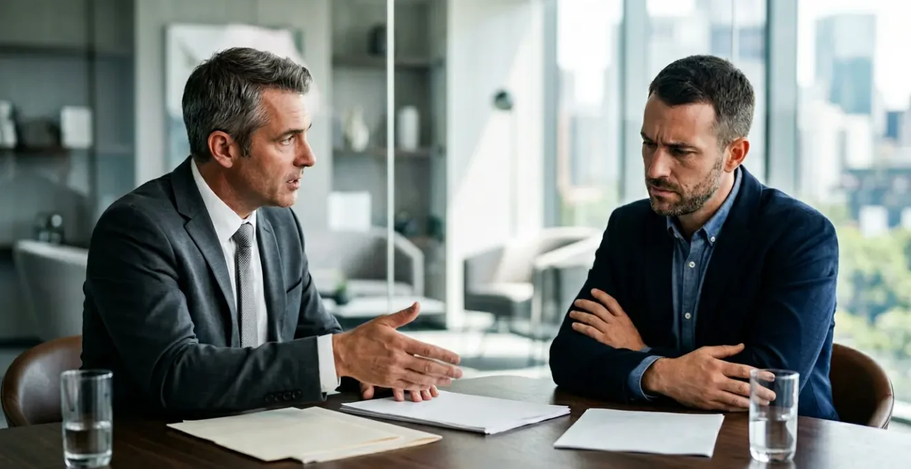 Consulente finanziario in ufficio durante conversazione con cliente su investimenti