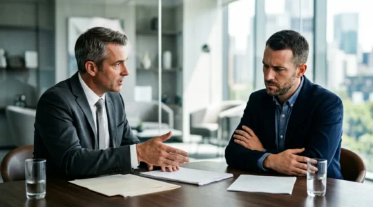 Consulente finanziario in ufficio durante conversazione con cliente su investimenti