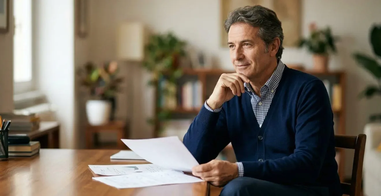 Impiegato statale che analizza documenti finanziari con espressione serena e sicura