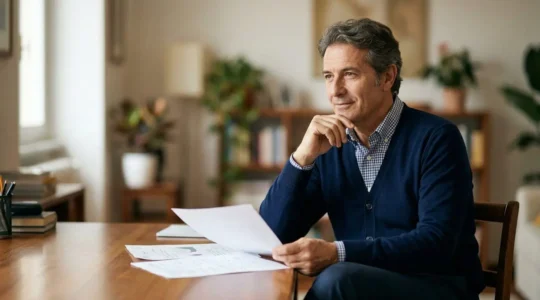 Impiegato statale che analizza documenti finanziari con espressione serena e sicura