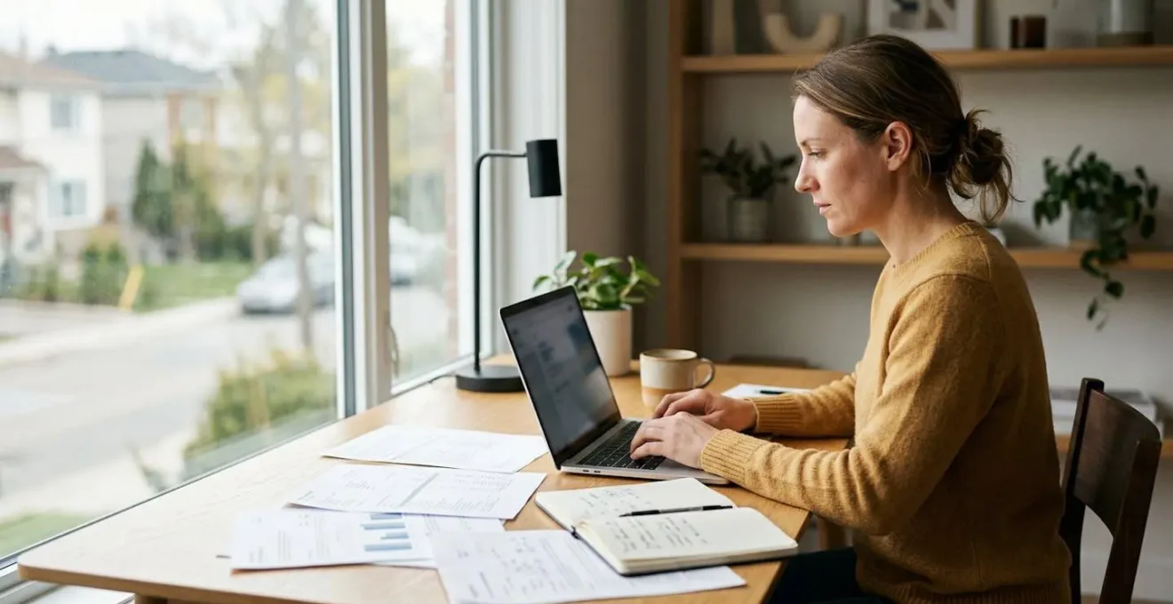 Persona al lavoro con computer portatile e documenti finanziari su scrivania minimalista, simbolo dell'impegno iniziale necessario per costruire reddito passivo