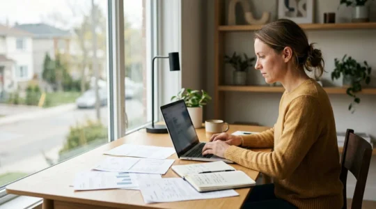 Persona al lavoro con computer portatile e documenti finanziari su scrivania minimalista, simbolo dell'impegno iniziale necessario per costruire reddito passivo