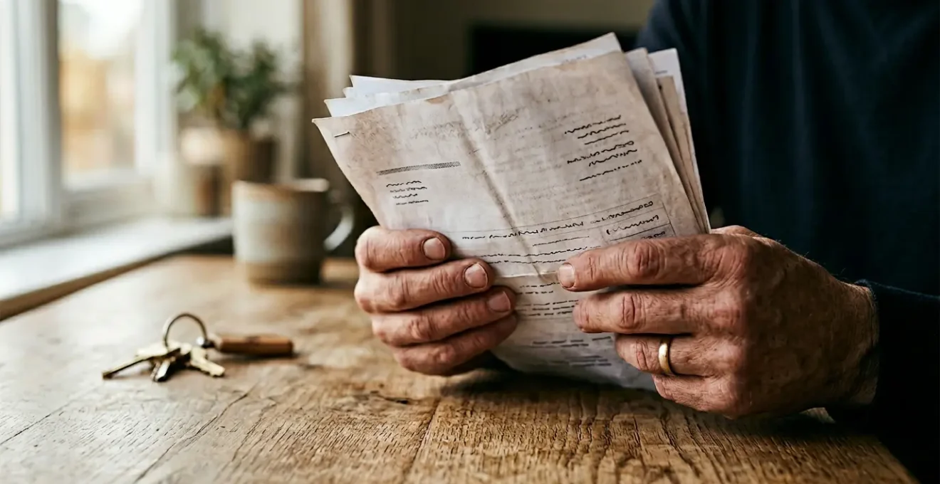 Vista ravvicinata di mani preoccupate su documenti di mutuo con chiavi di casa su tavolo