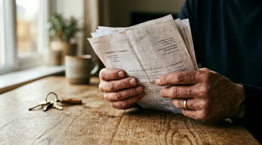 Vista ravvicinata di mani preoccupate su documenti di mutuo con chiavi di casa su tavolo