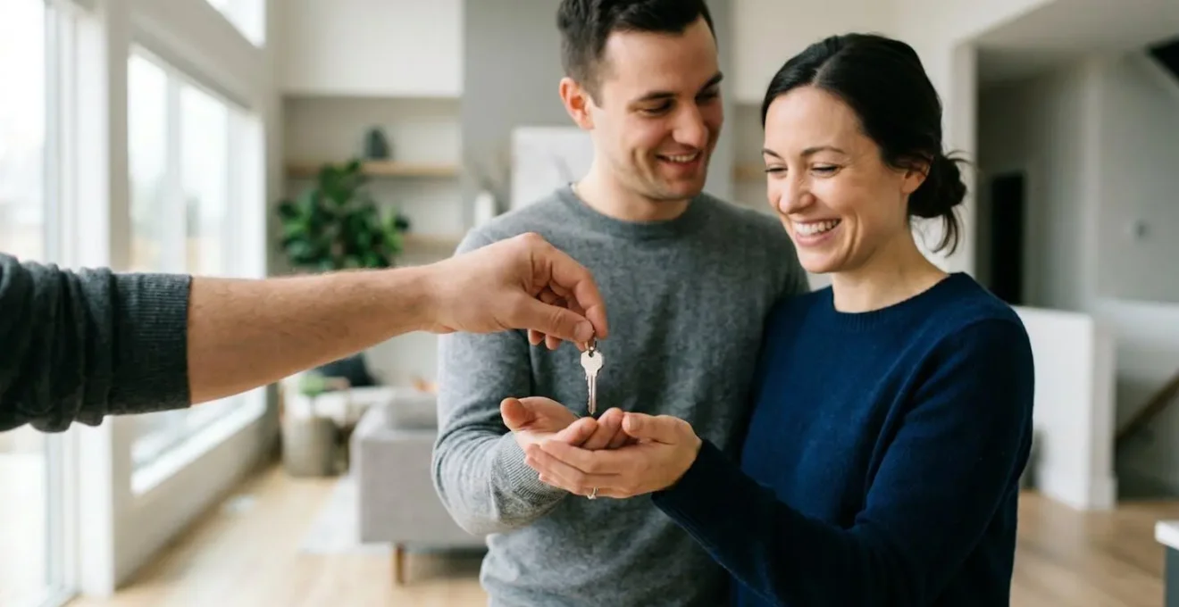 Giovane coppia che riceve le chiavi della prima casa, simbolo di indipendenza e realizzazione del sogno abitativo