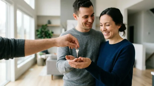 Giovane coppia che riceve le chiavi della prima casa, simbolo di indipendenza e realizzazione del sogno abitativo