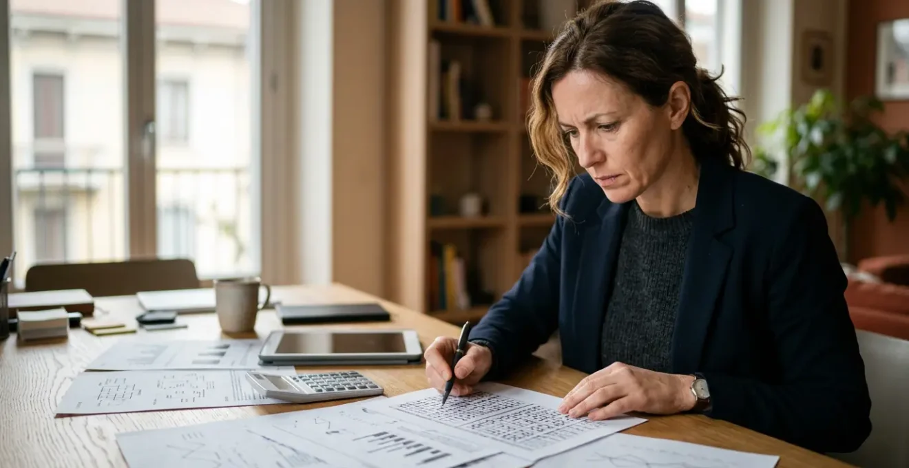 Investitore che analizza documenti finanziari e calcolatrice per calcolare il rendimento reale di un appartamento in affitto a Milano
