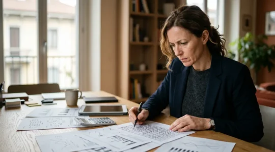Investitore che analizza documenti finanziari e calcolatrice per calcolare il rendimento reale di un appartamento in affitto a Milano