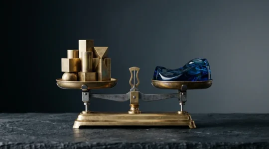 Composizione finanziaria con bilancia visiva che rappresenta l'equilibrio tra rendimento e rischio negli investimenti BTP