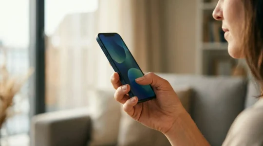 Persona che usa l'autenticazione biometrica sullo smartphone per accedere all'app bancaria in modo sicuro